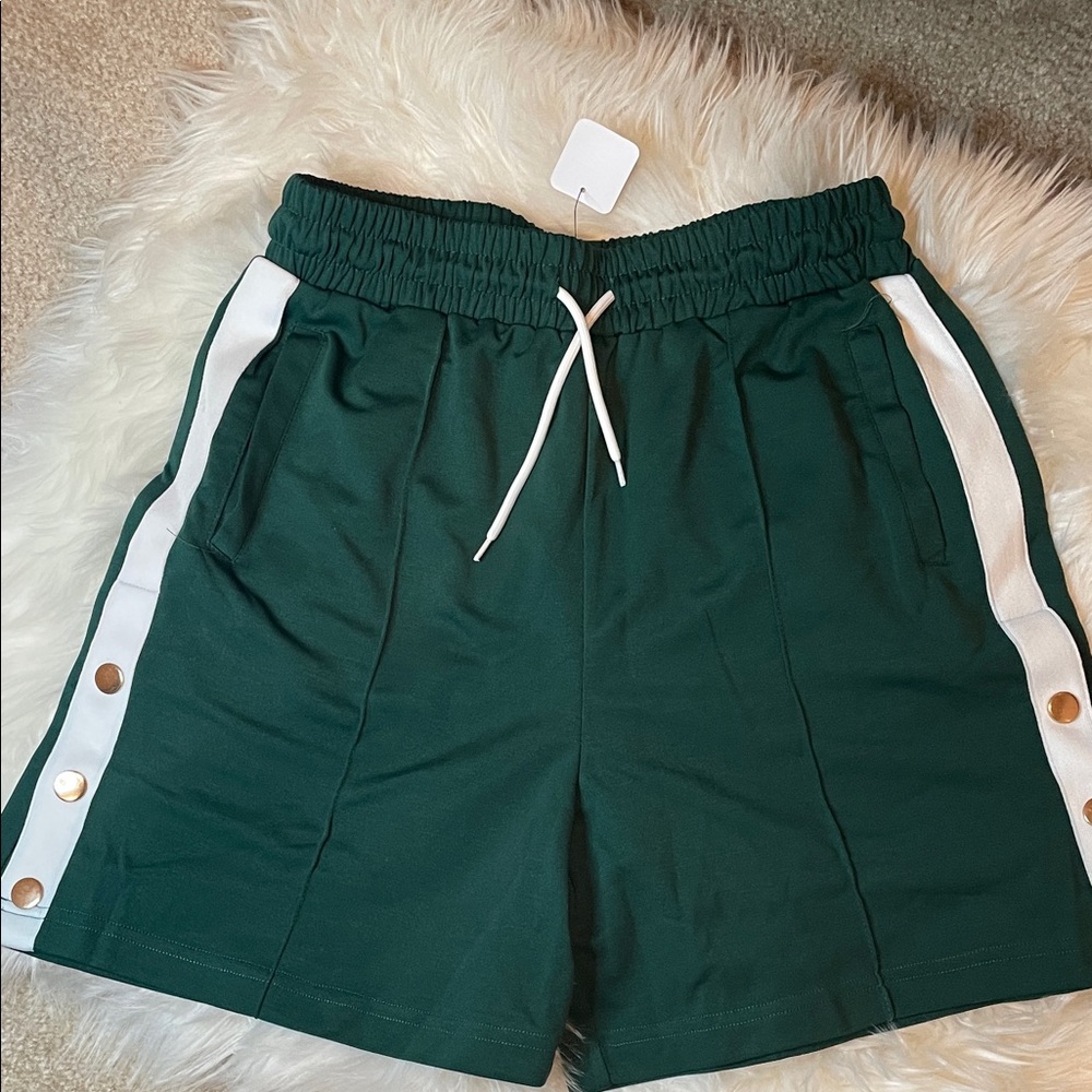 Fashion Nova Dark Green Athletic Shorts with White Side Stripes